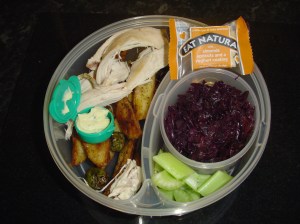 Lunch 4/1/10 Chicken, potatoes, brussels, celery, cheese, red cabbage