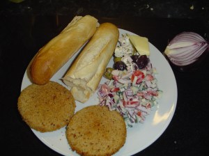 Quorn Burgers, French Bread and Salad