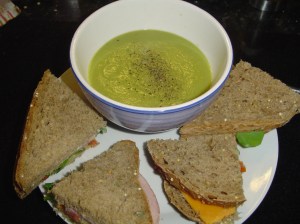 Pea and Ham soup, salad sandwich