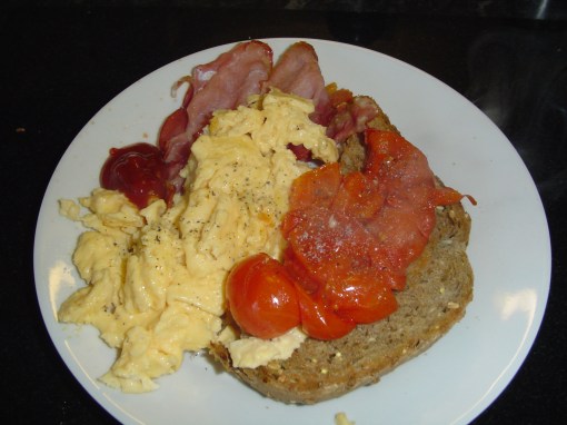 Bacon, Eggs, Toast and Tomatoes