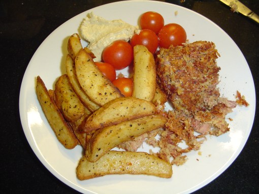 Ham and Egg loaf, wedges and tomatoes